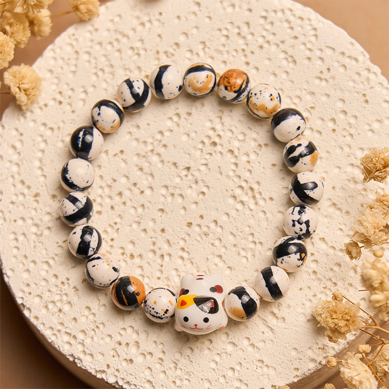 Calico Cat Natural Stone Ceramic Kitten Head Strength Bracelet