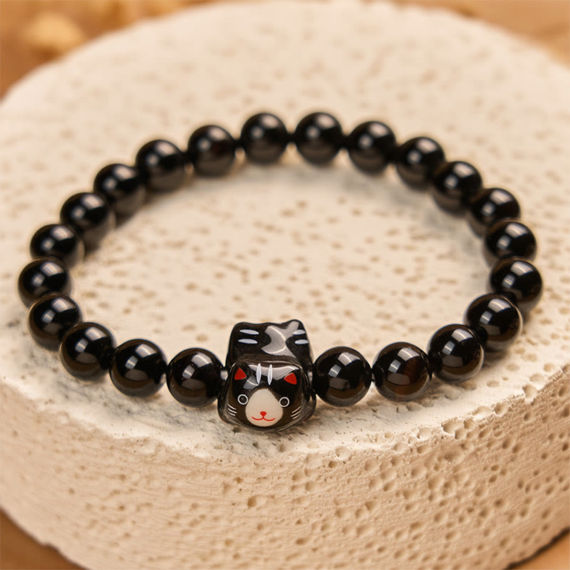 Black Cat Natural Black Onyx Ceramic Kitten Support Bracelet
