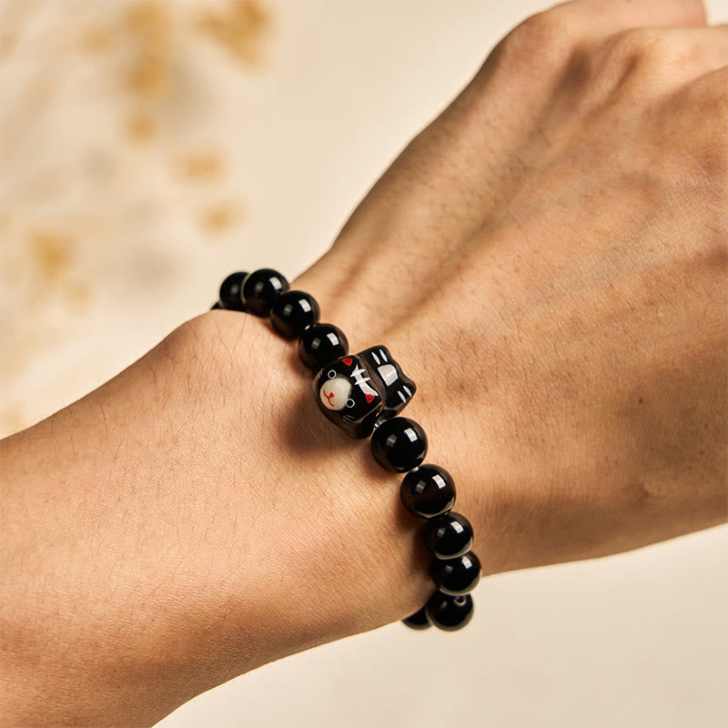Black Cat Natural Black Onyx Ceramic Kitten Support Bracelet