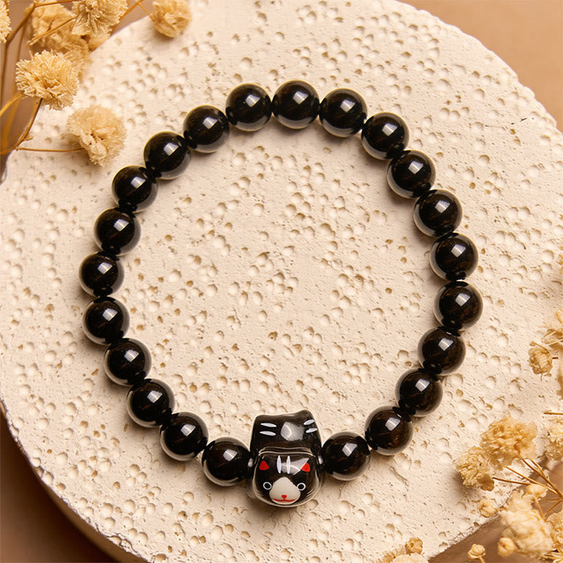 Black Cat Natural Black Onyx Ceramic Kitten Support Bracelet