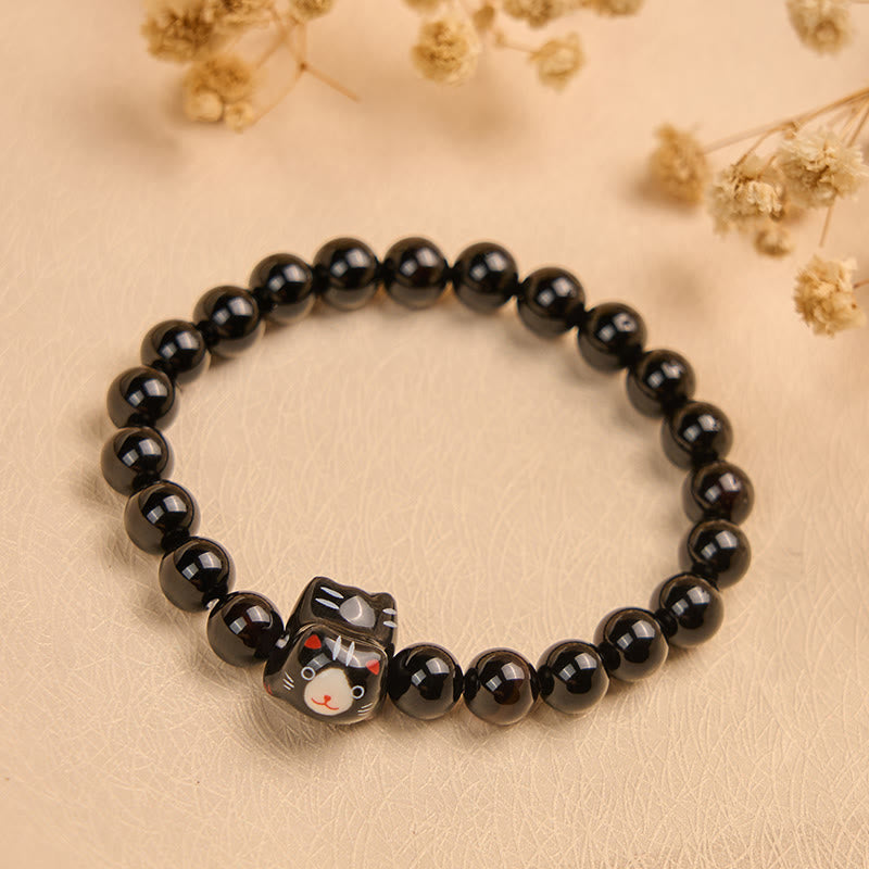 Black Cat Natural Black Onyx Ceramic Kitten Support Bracelet