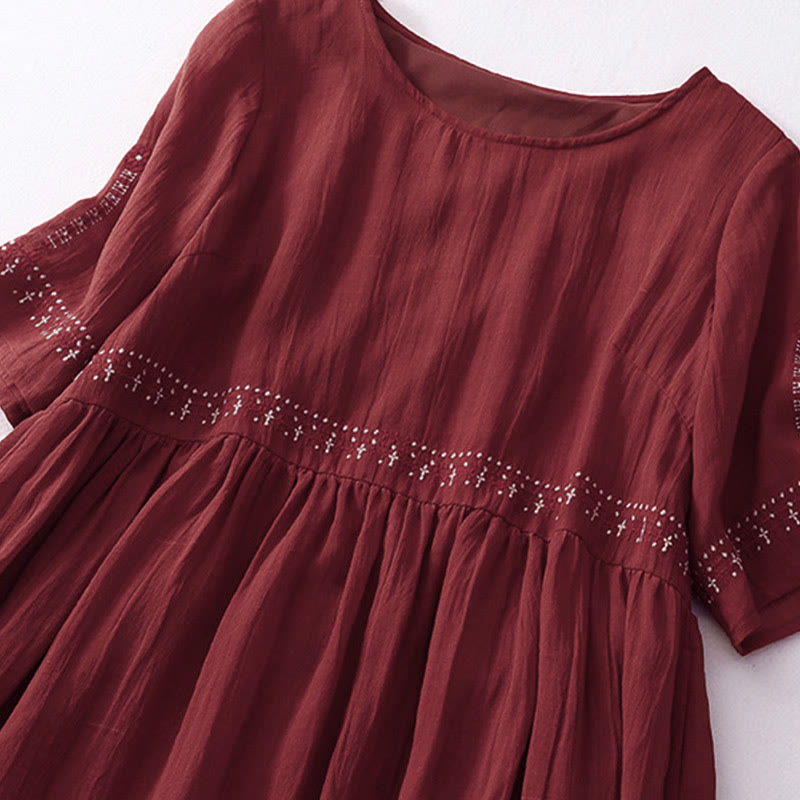Breathable Cotton Blend Relaxed Midi Dress with Subtle Embroidery
