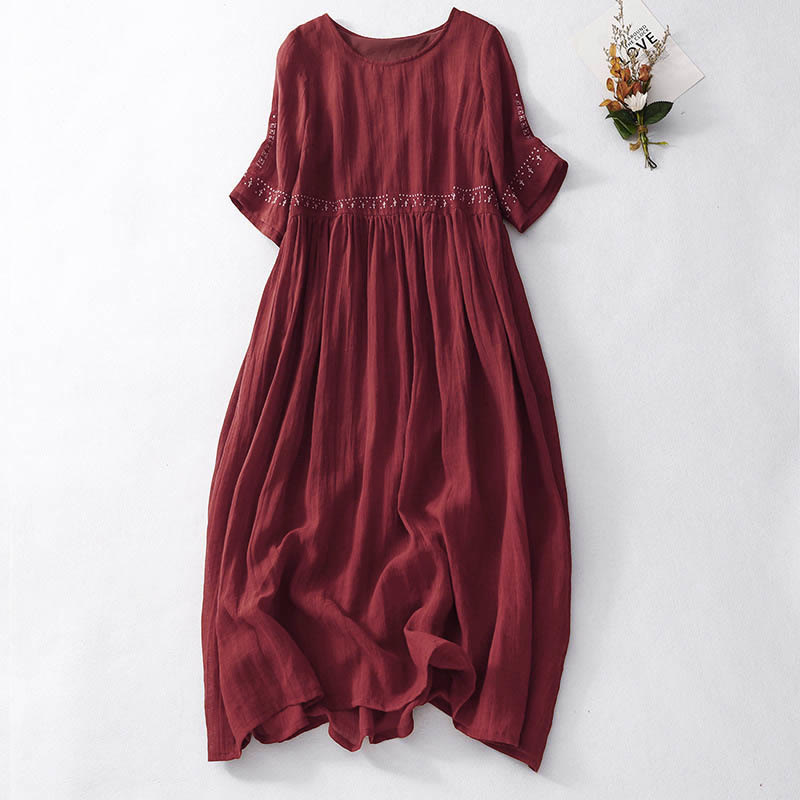 Breathable Cotton Blend Relaxed Midi Dress with Subtle Embroidery