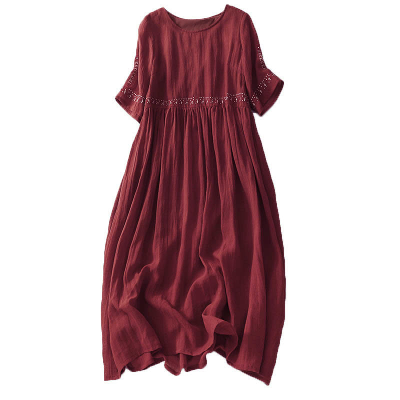Breathable Cotton Blend Relaxed Midi Dress with Subtle Embroidery