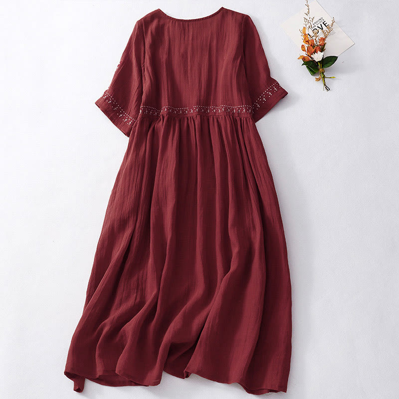 Breathable Cotton Blend Relaxed Midi Dress with Subtle Embroidery