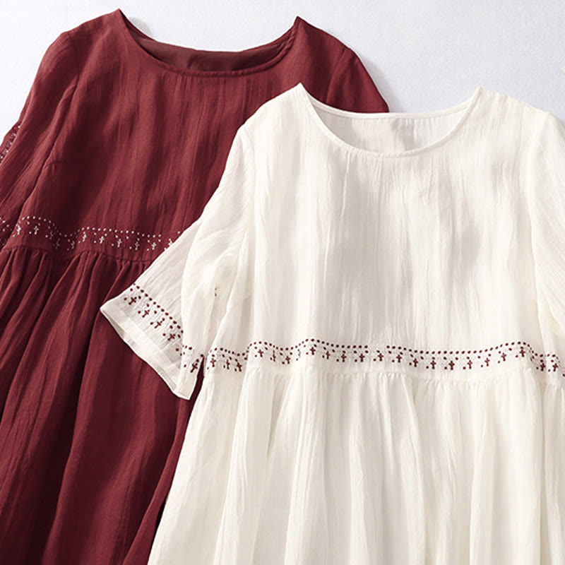 Breathable Cotton Blend Relaxed Midi Dress with Subtle Embroidery