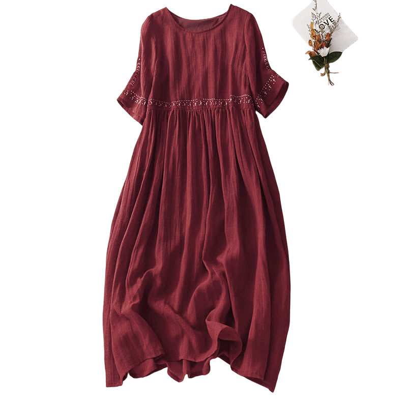 Breathable Cotton Blend Relaxed Midi Dress with Subtle Embroidery