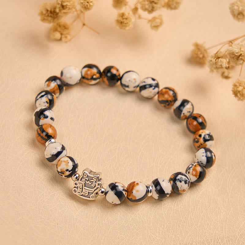 925 Sterling Silver Calico Cat Stone Bead Bracelet