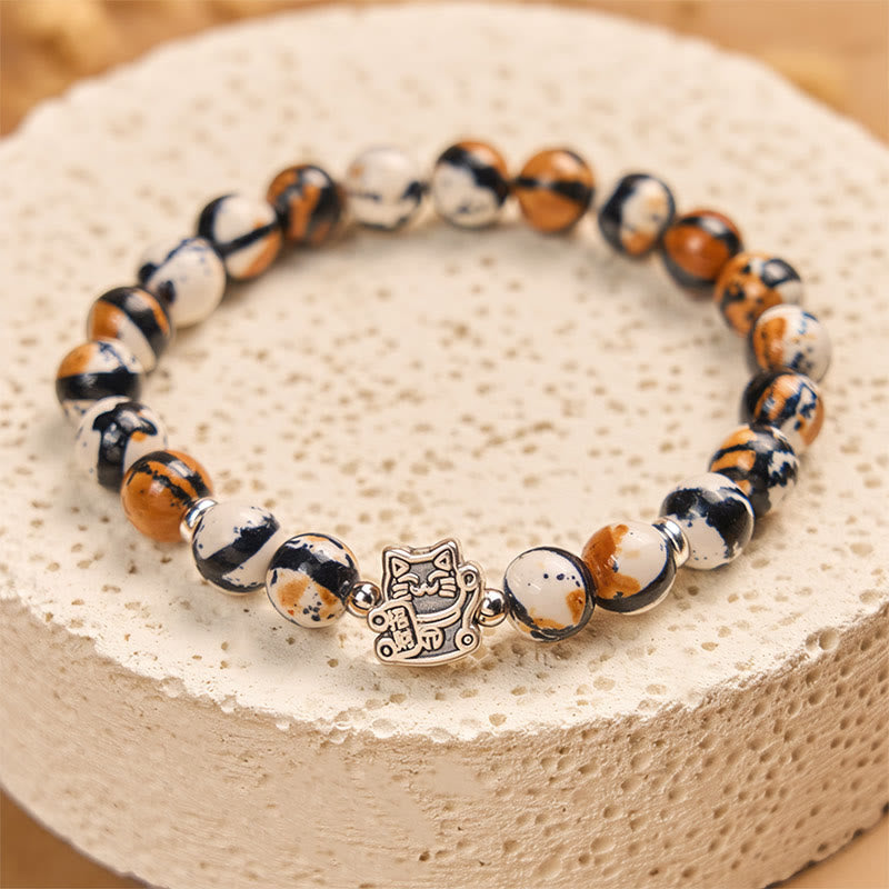 925 Sterling Silver Calico Cat Stone Bead Bracelet