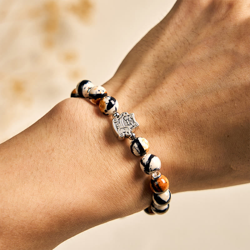 925 Sterling Silver Calico Cat Stone Bead Bracelet