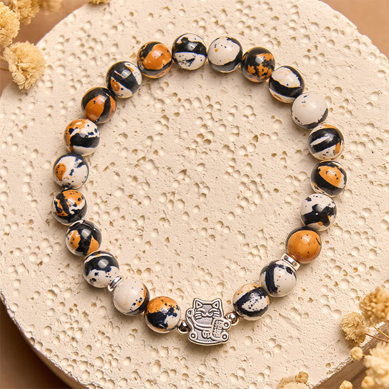925 Sterling Silver Calico Cat Stone Bead Bracelet
