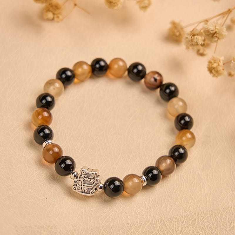 925 Sterling Silver Tortoiseshell Cat Bracelet with Striped Agate and Black Onyx