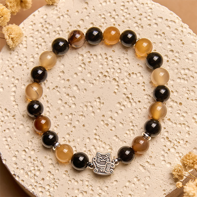 925 Sterling Silver Tortoiseshell Cat Bracelet with Striped Agate and Black Onyx
