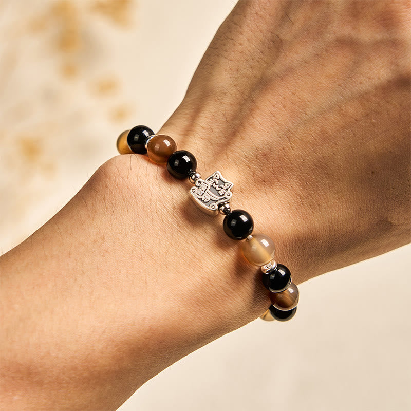 925 Sterling Silver Tortoiseshell Cat Bracelet with Striped Agate and Black Onyx
