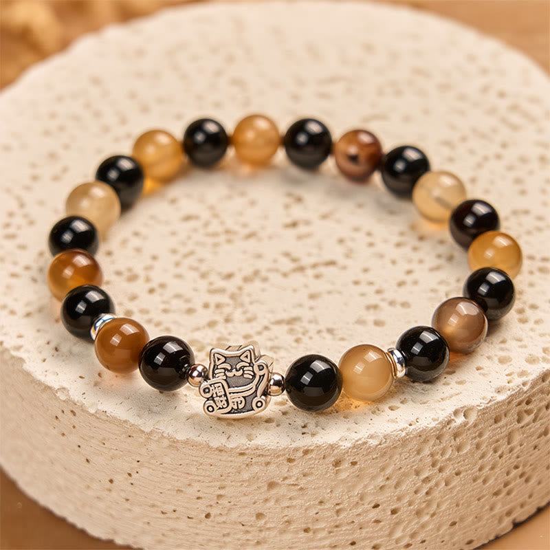 925 Sterling Silver Tortoiseshell Cat Bracelet with Striped Agate and Black Onyx
