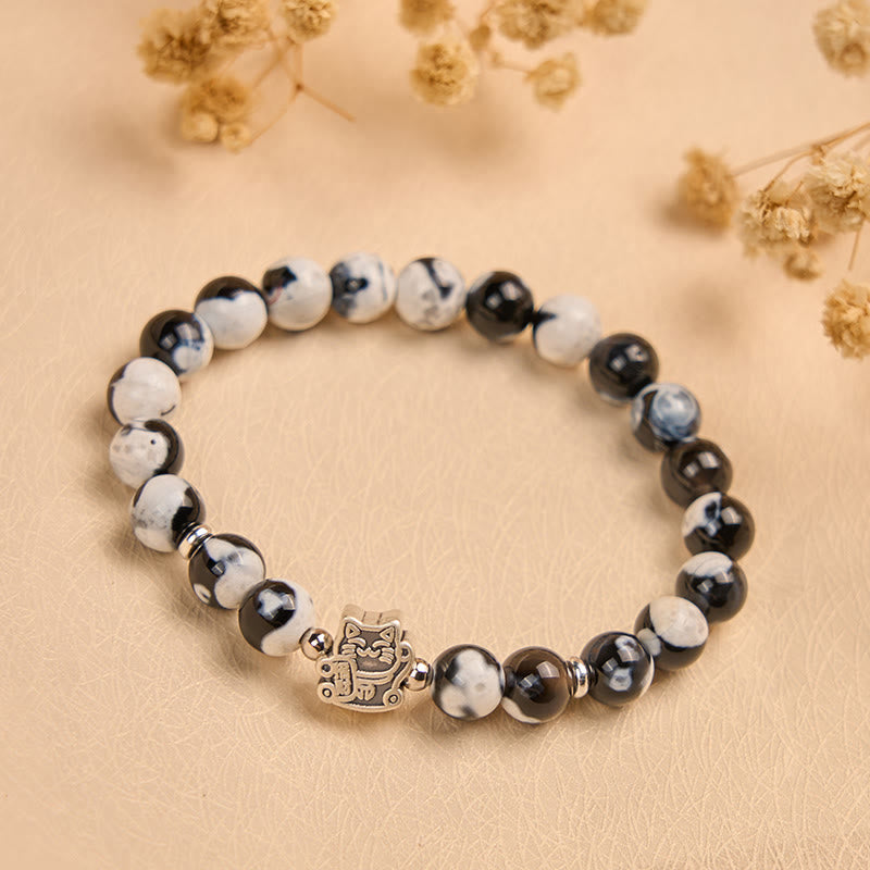 925 Sterling Silver Black and White Cat Fire Agate Bead Love Bracelet