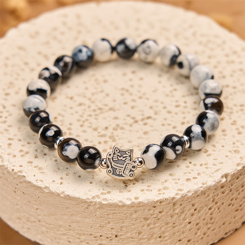 925 Sterling Silver Black and White Cat Fire Agate Bead Love Bracelet