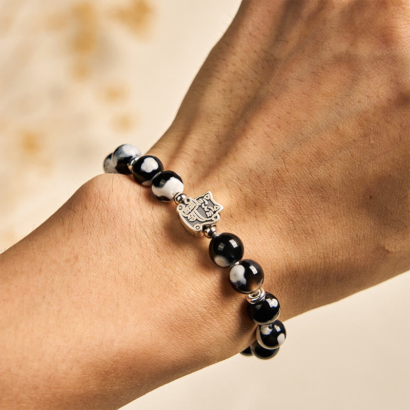 925 Sterling Silver Black and White Cat Fire Agate Bead Love Bracelet