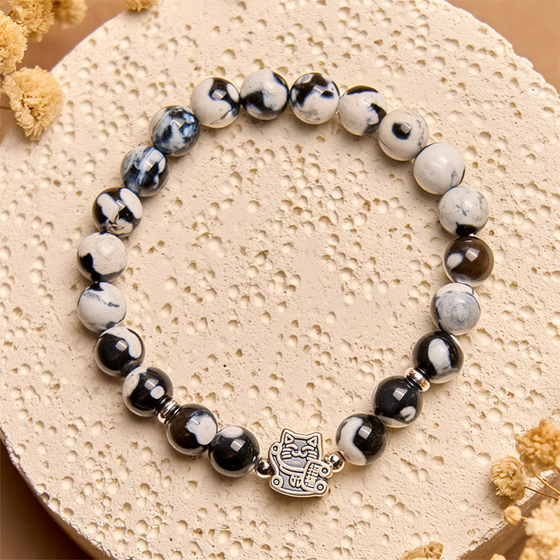 925 Sterling Silver Black and White Cat Fire Agate Bead Love Bracelet