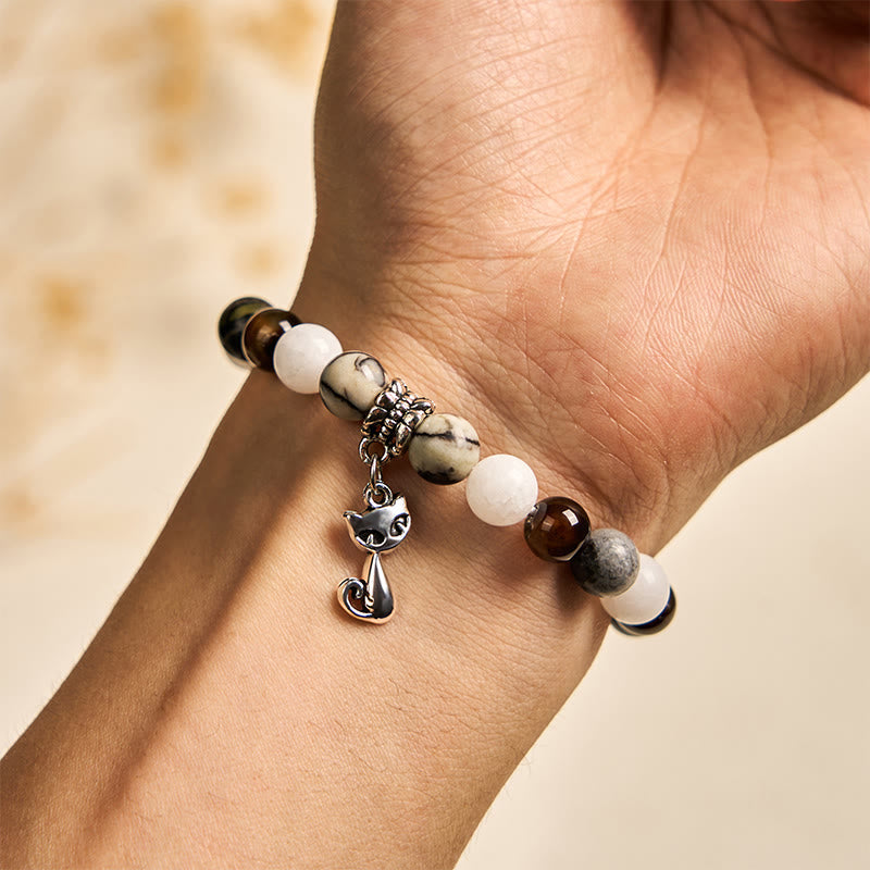 Tricolor Cat Black Veined Jasper Brown Striped Agate Chalcedony Strength Bracelet