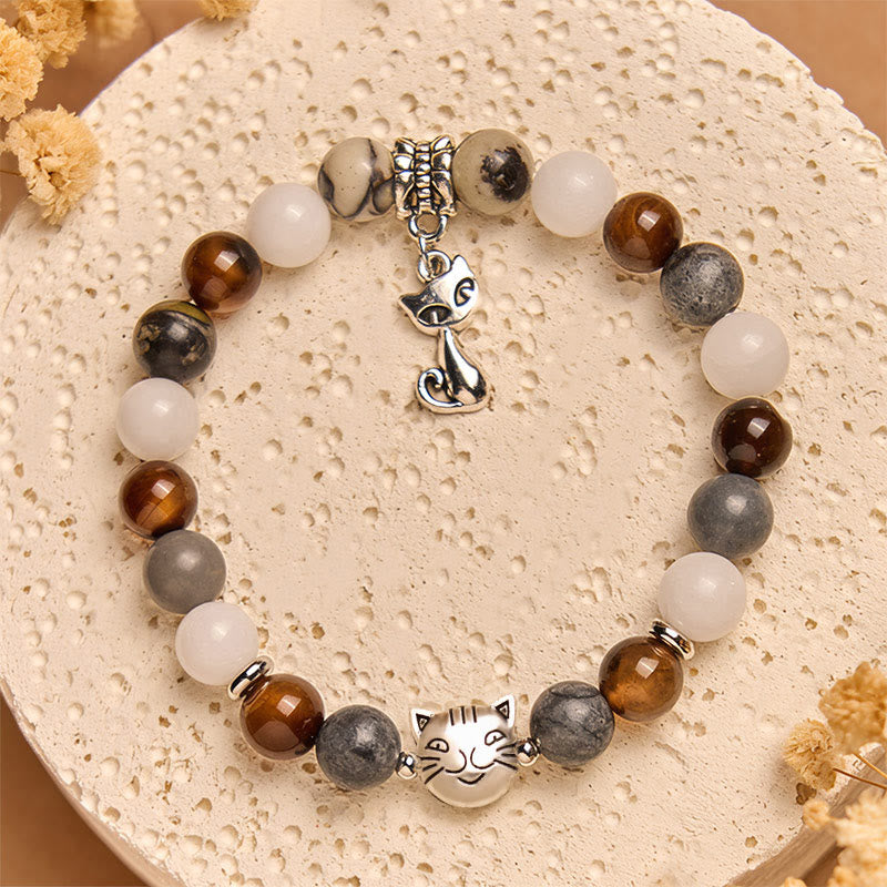 Tricolor Cat Black Veined Jasper Brown Striped Agate Chalcedony Strength Bracelet