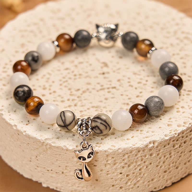Tricolor Cat Black Veined Jasper Brown Striped Agate Chalcedony Strength Bracelet