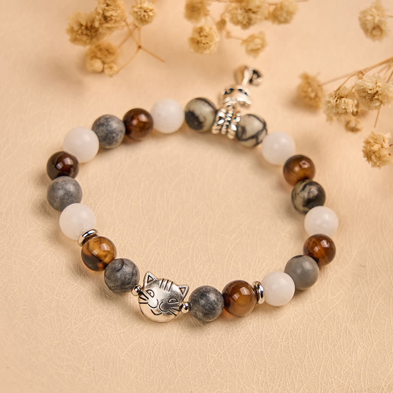 Tricolor Cat Black Veined Jasper Brown Striped Agate Chalcedony Strength Bracelet