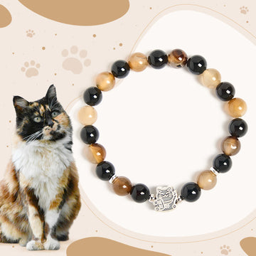 925 Sterling Silver Tortoiseshell Cat Bracelet with Striped Agate and Black Onyx