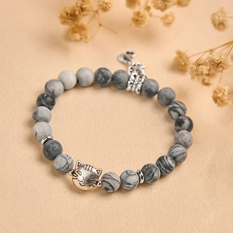 Grey Tabby Cat Natural Black Veined Jasper Strength Bracelet