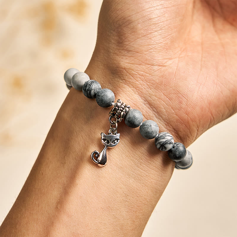 Grey Tabby Cat Natural Black Veined Jasper Strength Bracelet