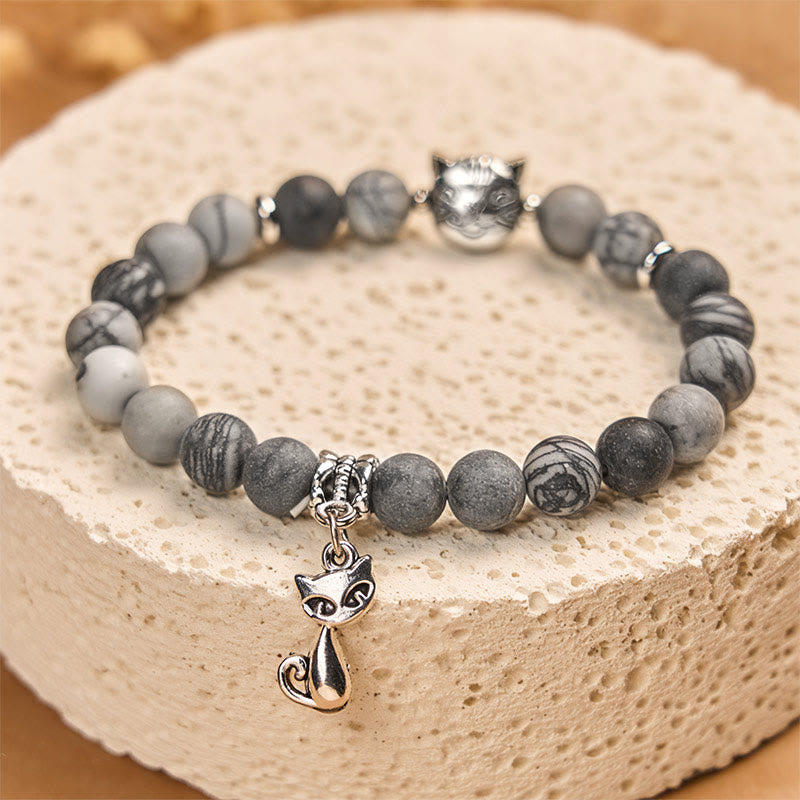 Grey Tabby Cat Natural Black Veined Jasper Strength Bracelet