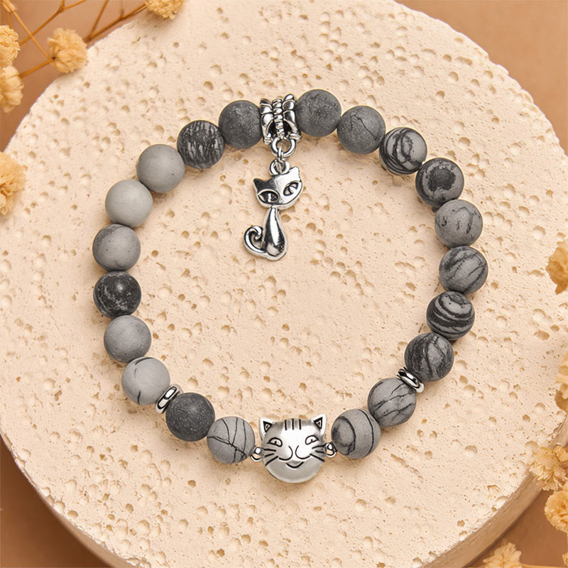 Grey Tabby Cat Natural Black Veined Jasper Strength Bracelet