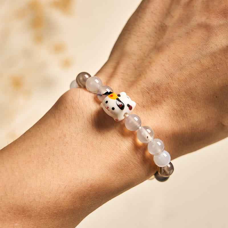 Natural Agate Stone and Ceramic Calico Cat Head Beaded Bracelet