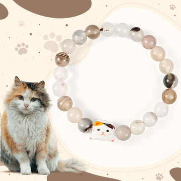 Natural Agate Stone and Ceramic Calico Cat Head Beaded Bracelet
