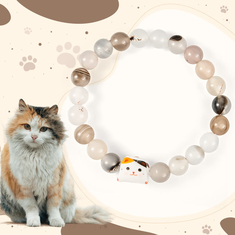 Natural Agate Stone and Ceramic Calico Cat Head Beaded Bracelet