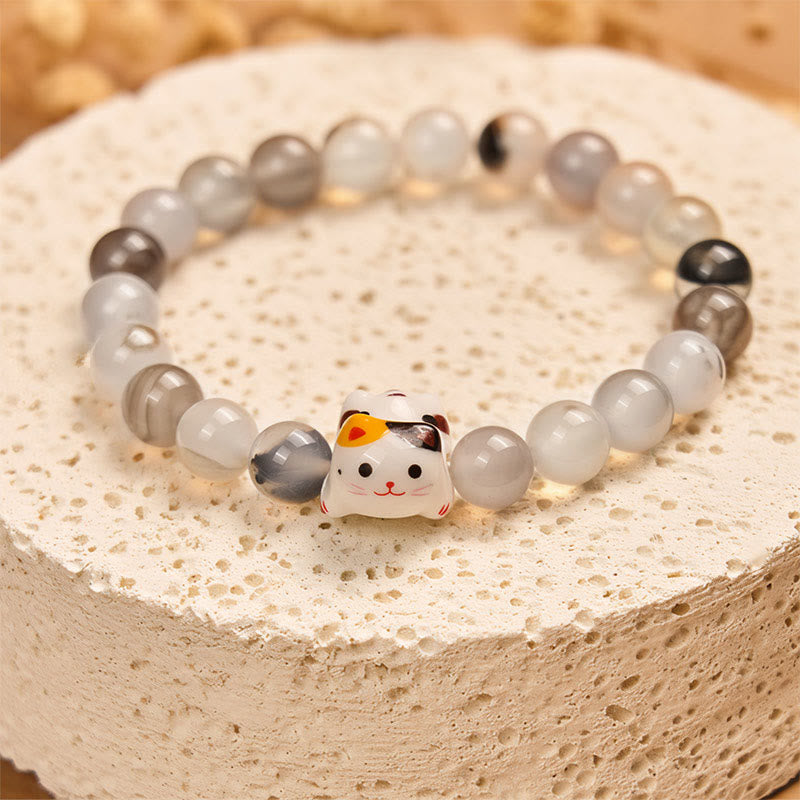 Natural Agate Stone and Ceramic Calico Cat Head Beaded Bracelet