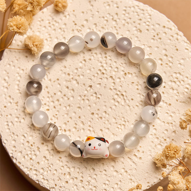 Natural Agate Stone and Ceramic Calico Cat Head Beaded Bracelet