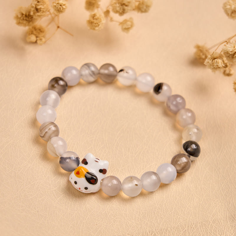 Natural Agate Stone and Ceramic Calico Cat Head Beaded Bracelet