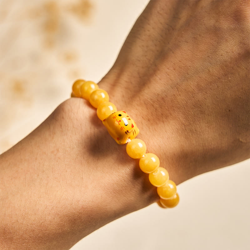Handmade Orange Tabby Cat Ceramic Kitten Bracelet with Yellow Chalcedony