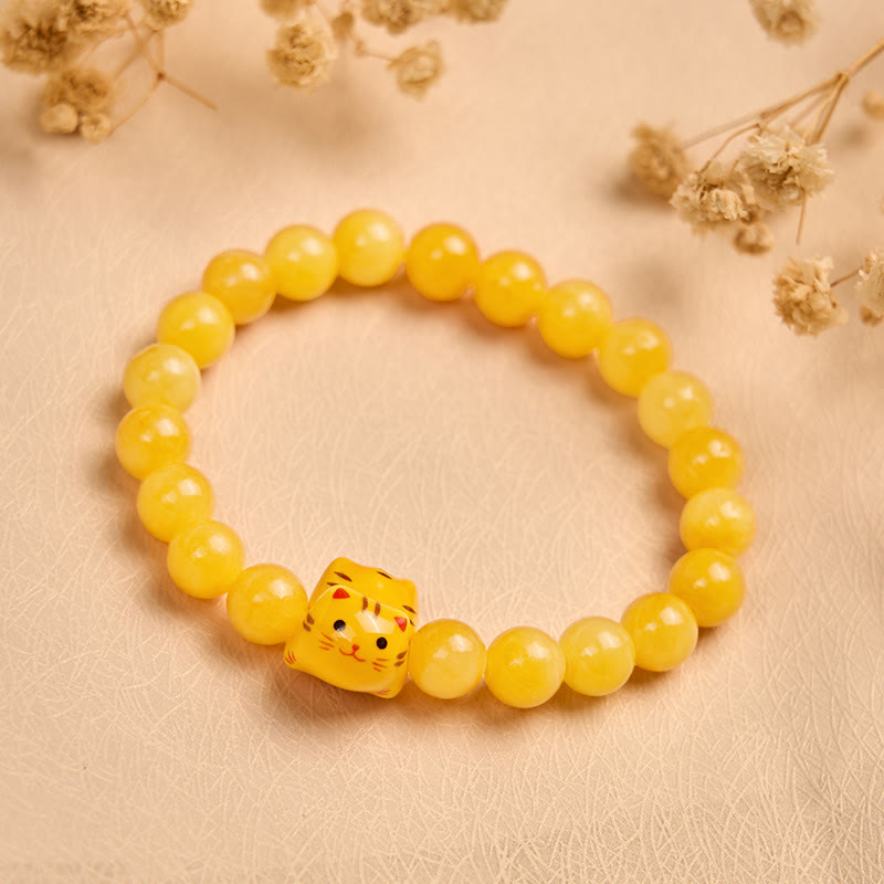 Handmade Orange Tabby Cat Ceramic Kitten Bracelet with Yellow Chalcedony