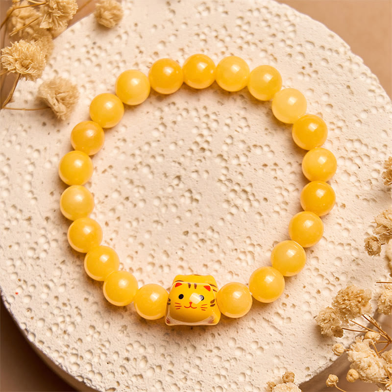 Handmade Orange Tabby Cat Ceramic Kitten Bracelet with Yellow Chalcedony