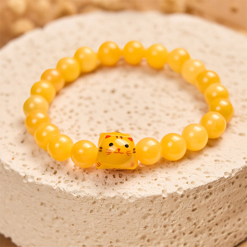 Handmade Orange Tabby Cat Ceramic Kitten Bracelet with Yellow Chalcedony
