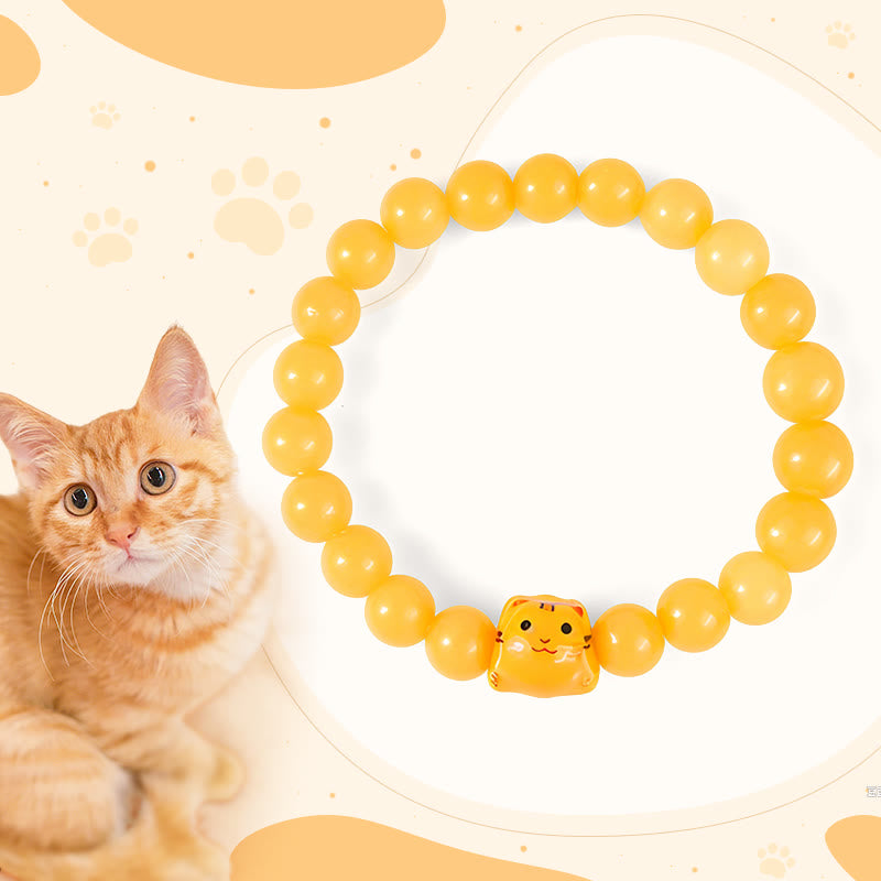 Handmade Orange Tabby Cat Ceramic Kitten Bracelet with Yellow Chalcedony
