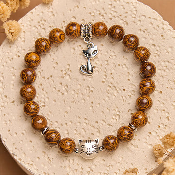Natural Stone Carved Kitten Head Beaded Bracelet