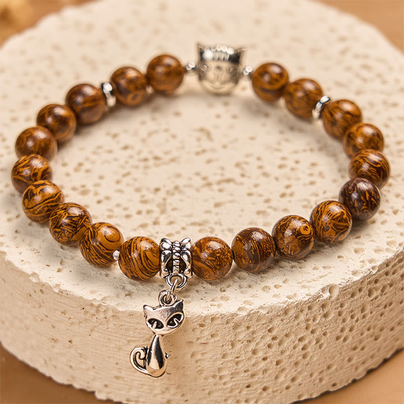 Natural Stone Carved Kitten Head Beaded Bracelet