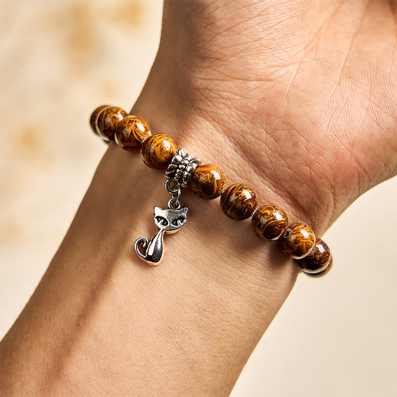 Natural Stone Carved Kitten Head Beaded Bracelet