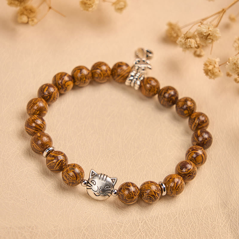 Natural Stone Carved Kitten Head Beaded Bracelet