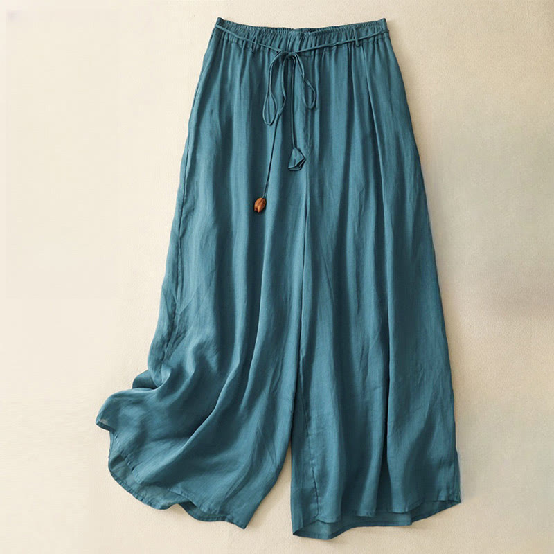 Simple Design Drawstring Cotton Women's Wide Leg Pants With Pockets