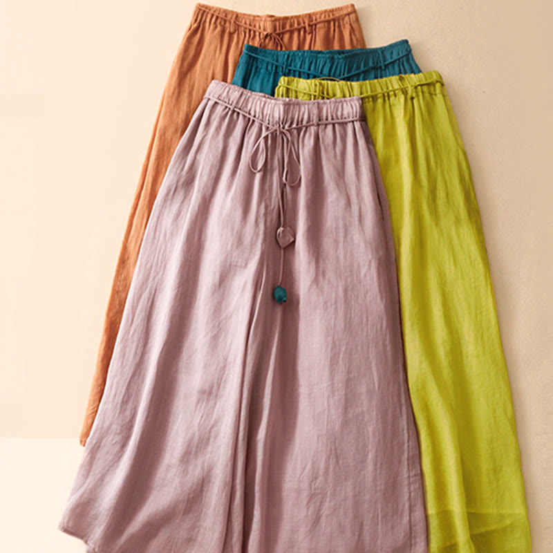 Simple Design Drawstring Cotton Women's Wide Leg Pants With Pockets