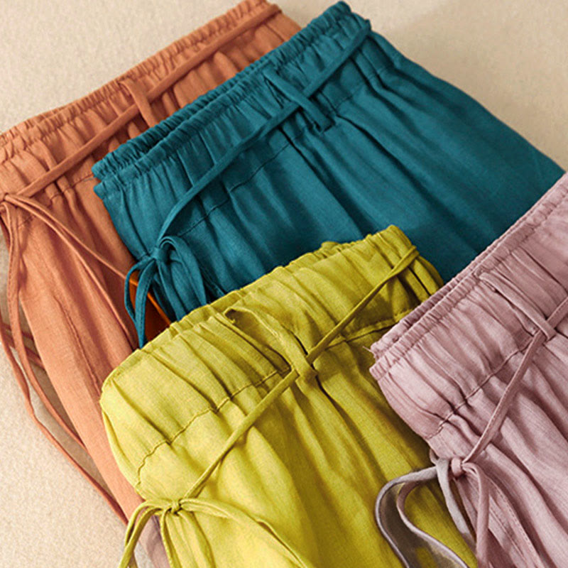 Simple Design Drawstring Cotton Women's Wide Leg Pants With Pockets